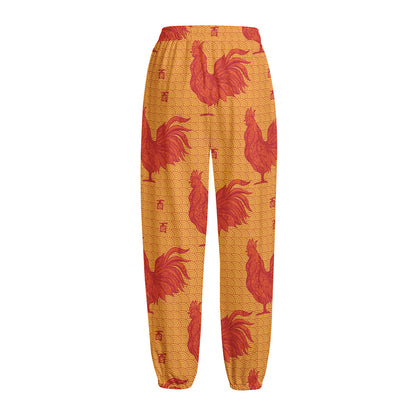 Chinese Rooster Pattern Print Fleece Lined Knit Pants