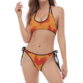 Chinese Rooster Pattern Print Halter Scoop Tie Side Bikini