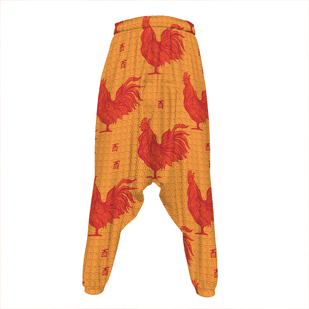 Chinese Rooster Pattern Print Hammer Pants