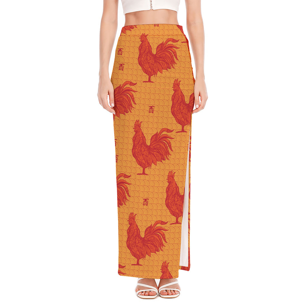 Chinese Rooster Pattern Print High Slit Maxi Skirt