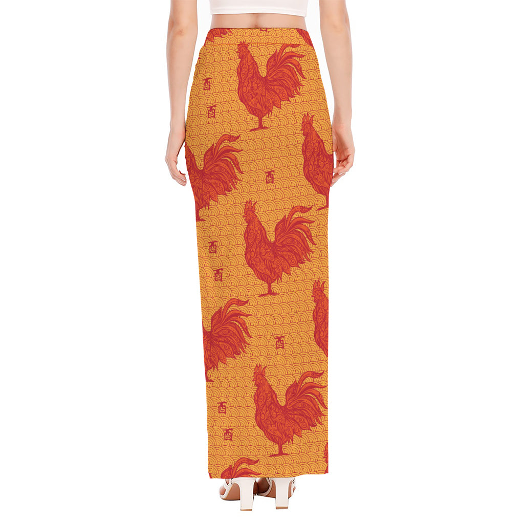 Chinese Rooster Pattern Print High Slit Maxi Skirt