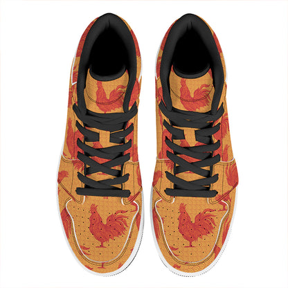 Chinese Rooster Pattern Print High Top Leather Sneakers