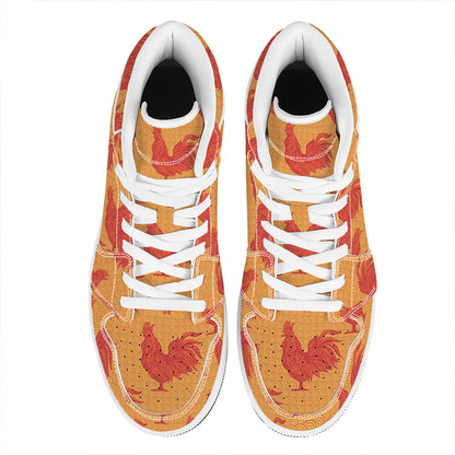 Chinese Rooster Pattern Print High Top Leather Sneakers