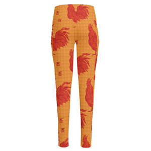 Chinese Rooster Pattern Print High-Waisted Pocket Leggings