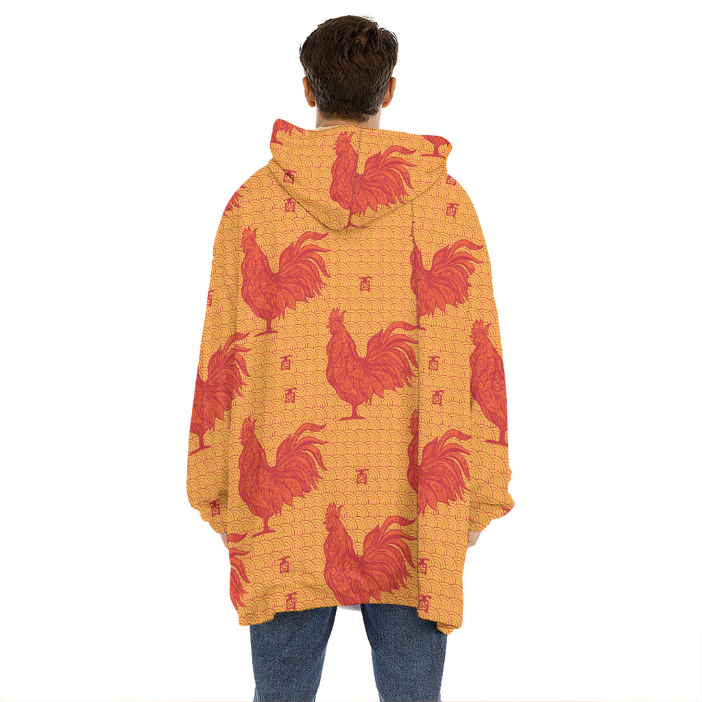 Chinese Rooster Pattern Print Hoodie Blanket