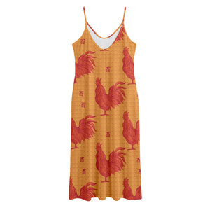 Chinese Rooster Pattern Print Jersey Midi Cami Dress