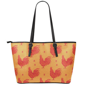 Chinese Rooster Pattern Print Leather Tote Bag