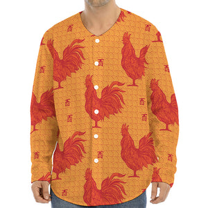 Chinese Rooster Pattern Print Long Sleeve Baseball Jersey