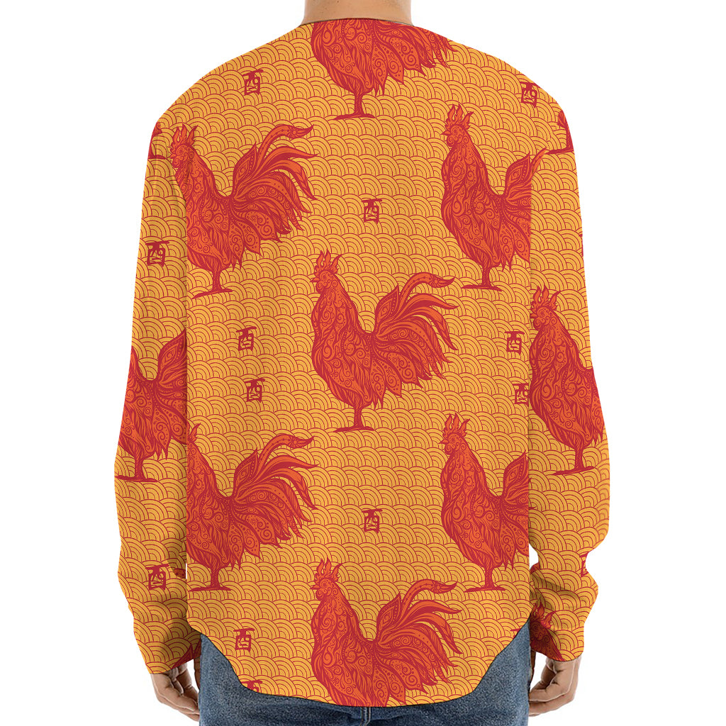 Chinese Rooster Pattern Print Long Sleeve Baseball Jersey