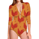 Chinese Rooster Pattern Print Long Sleeve Swimsuit