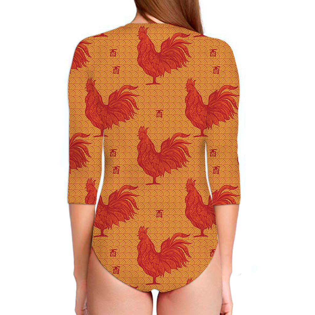 Chinese Rooster Pattern Print Long Sleeve Swimsuit