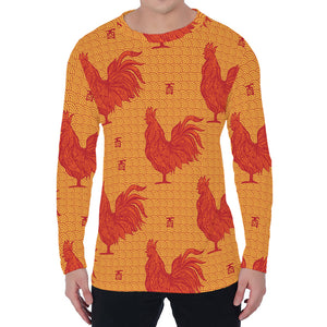 Chinese Rooster Pattern Print Men's Long Sleeve T-Shirt