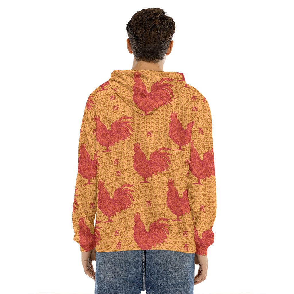 Chinese Rooster Pattern Print Men's Velvet Pullover Hoodie