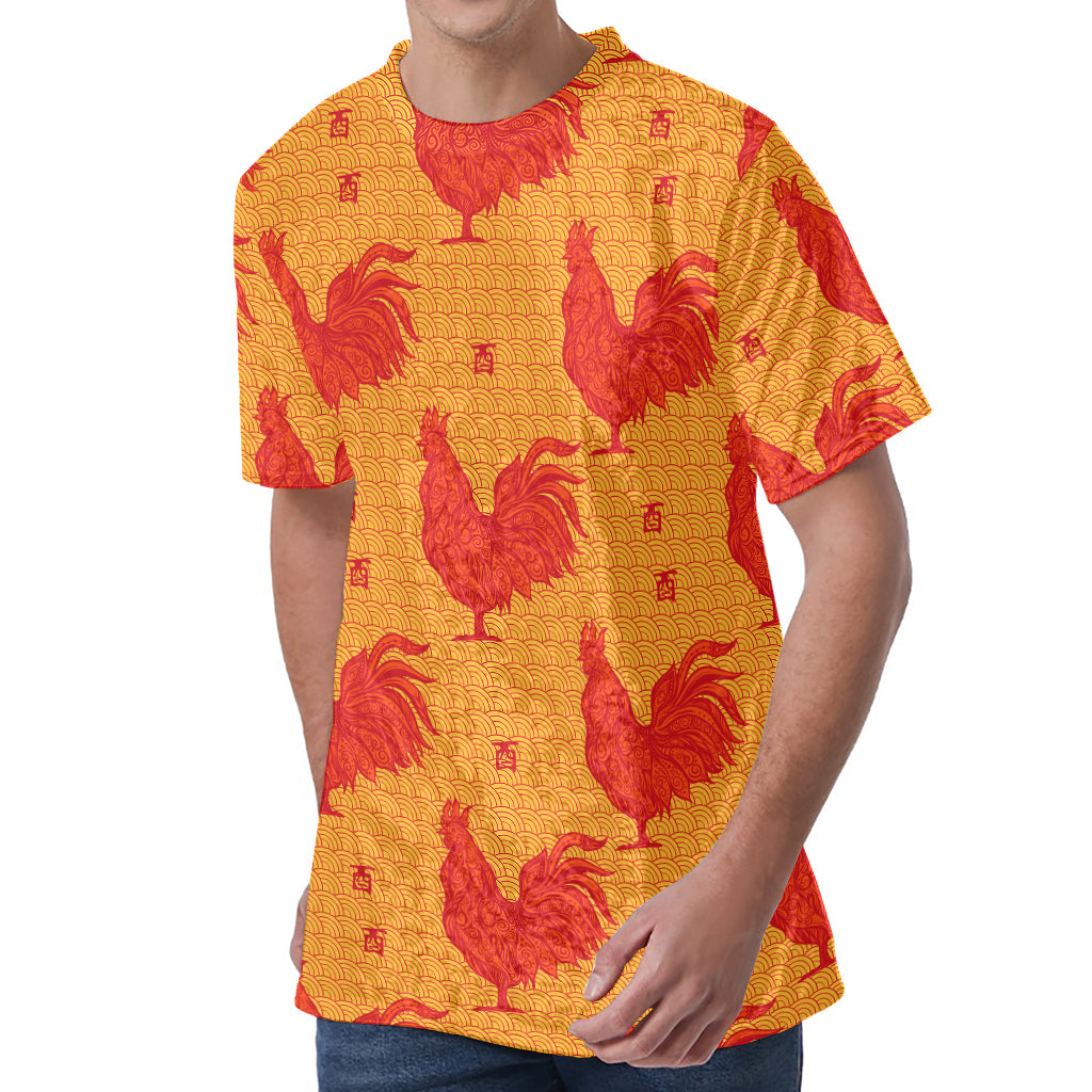 Chinese Rooster Pattern Print Men's Velvet T-Shirt