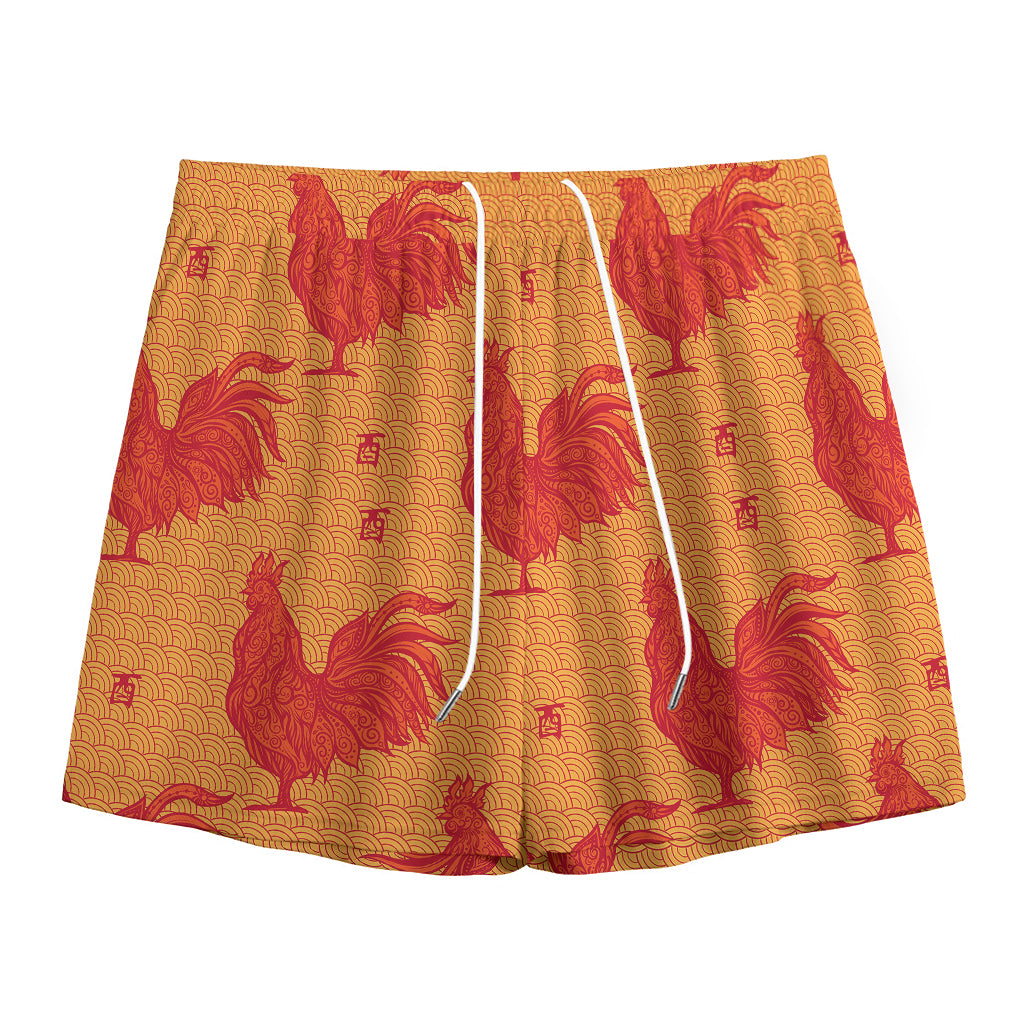 Chinese Rooster Pattern Print Mesh Shorts