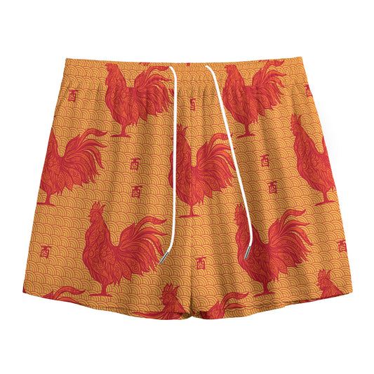 Chinese Rooster Pattern Print Mesh Shorts