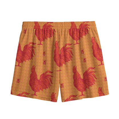 Chinese Rooster Pattern Print Mesh Shorts