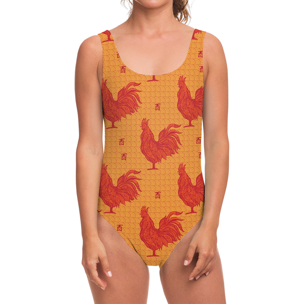 Chinese Rooster Pattern Print One Piece Swimsuit