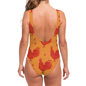 Chinese Rooster Pattern Print One Piece Swimsuit