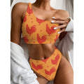 Chinese Rooster Pattern Print One Shoulder Bikini Set