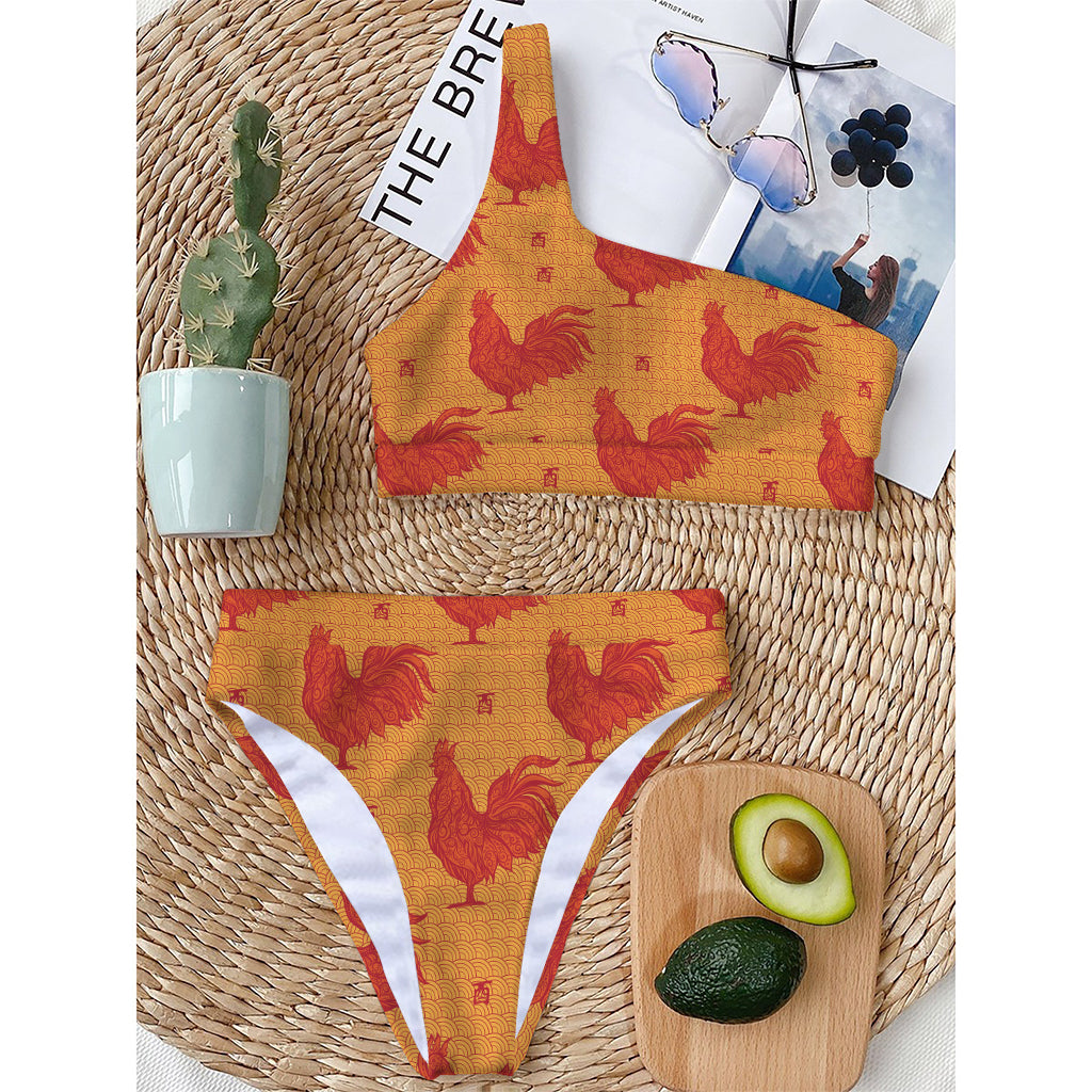 Chinese Rooster Pattern Print One Shoulder Bikini Top