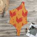 Chinese Rooster Pattern Print One Shoulder Bodysuit