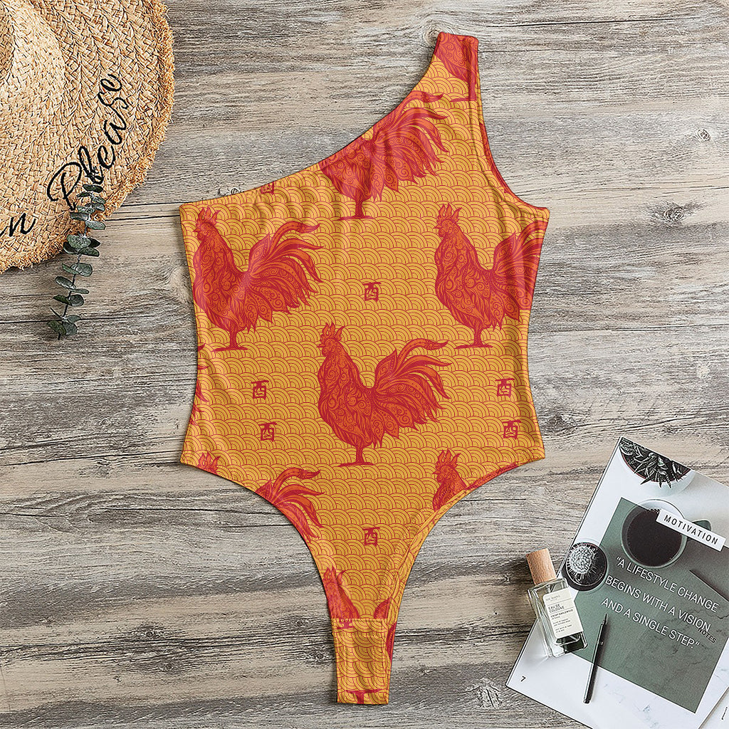 Chinese Rooster Pattern Print One Shoulder Bodysuit