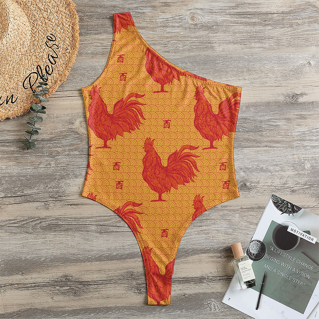 Chinese Rooster Pattern Print One Shoulder Bodysuit