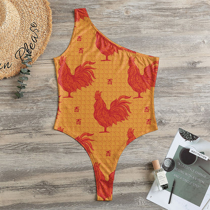 Chinese Rooster Pattern Print One Shoulder Bodysuit