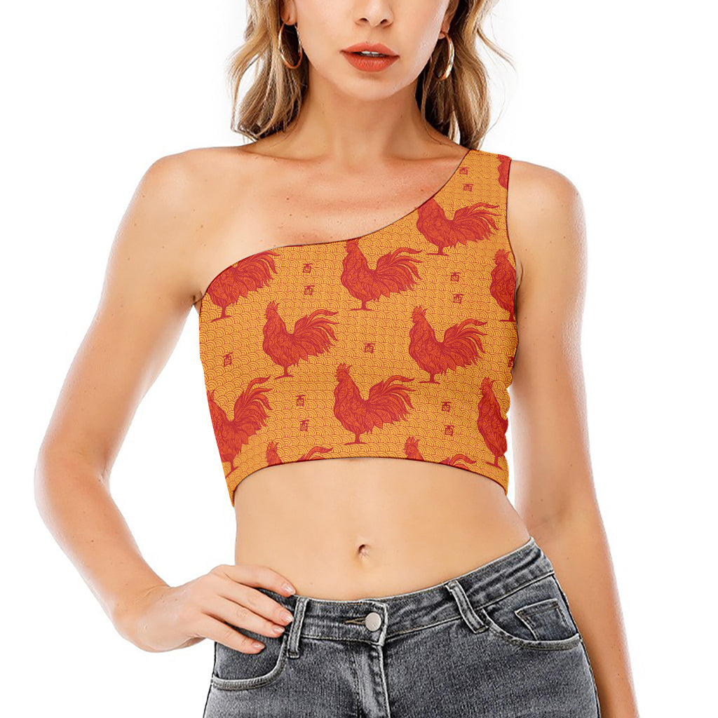 Chinese Rooster Pattern Print One Shoulder Crop Top