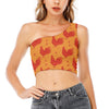 Chinese Rooster Pattern Print One Shoulder Crop Top