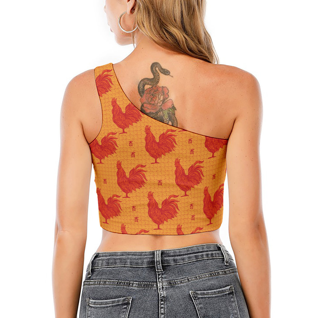 Chinese Rooster Pattern Print One Shoulder Crop Top