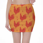 Chinese Rooster Pattern Print Pencil Mini Skirt