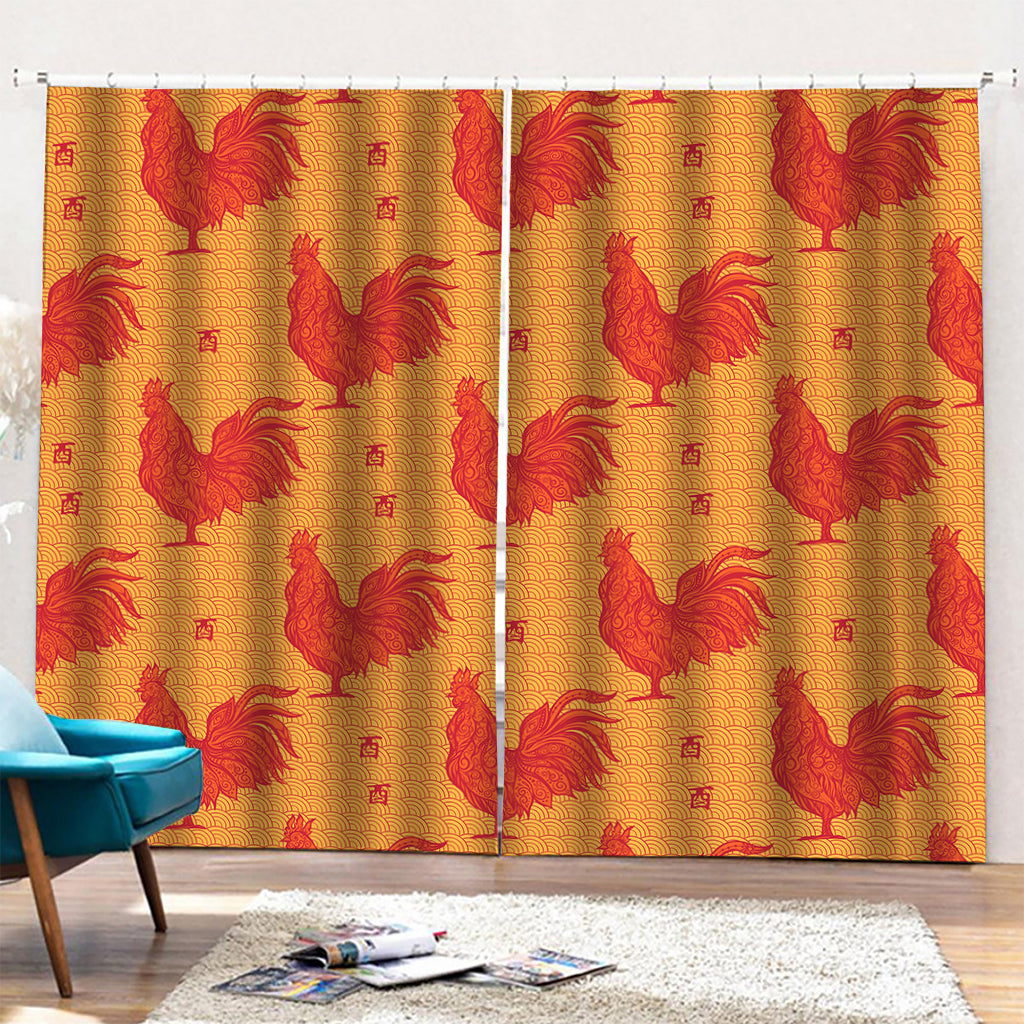 Chinese Rooster Pattern Print Pencil Pleat Curtains