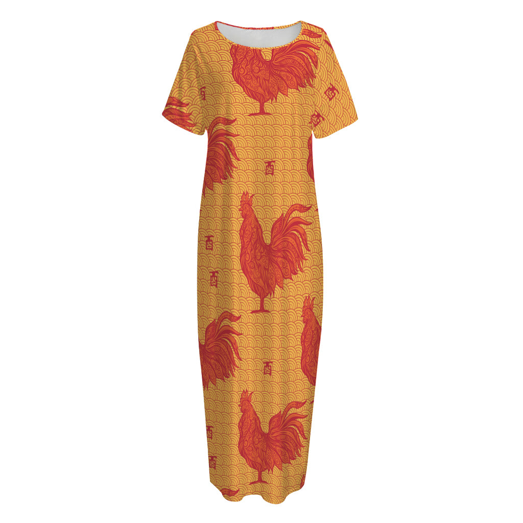 Chinese Rooster Pattern Print Short Sleeve Long Nightdress