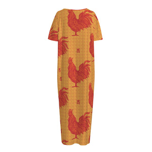 Chinese Rooster Pattern Print Short Sleeve Long Nightdress