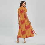 Chinese Rooster Pattern Print Short Sleeve Maxi Dress