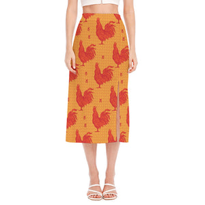 Chinese Rooster Pattern Print Side Slit Midi Skirt