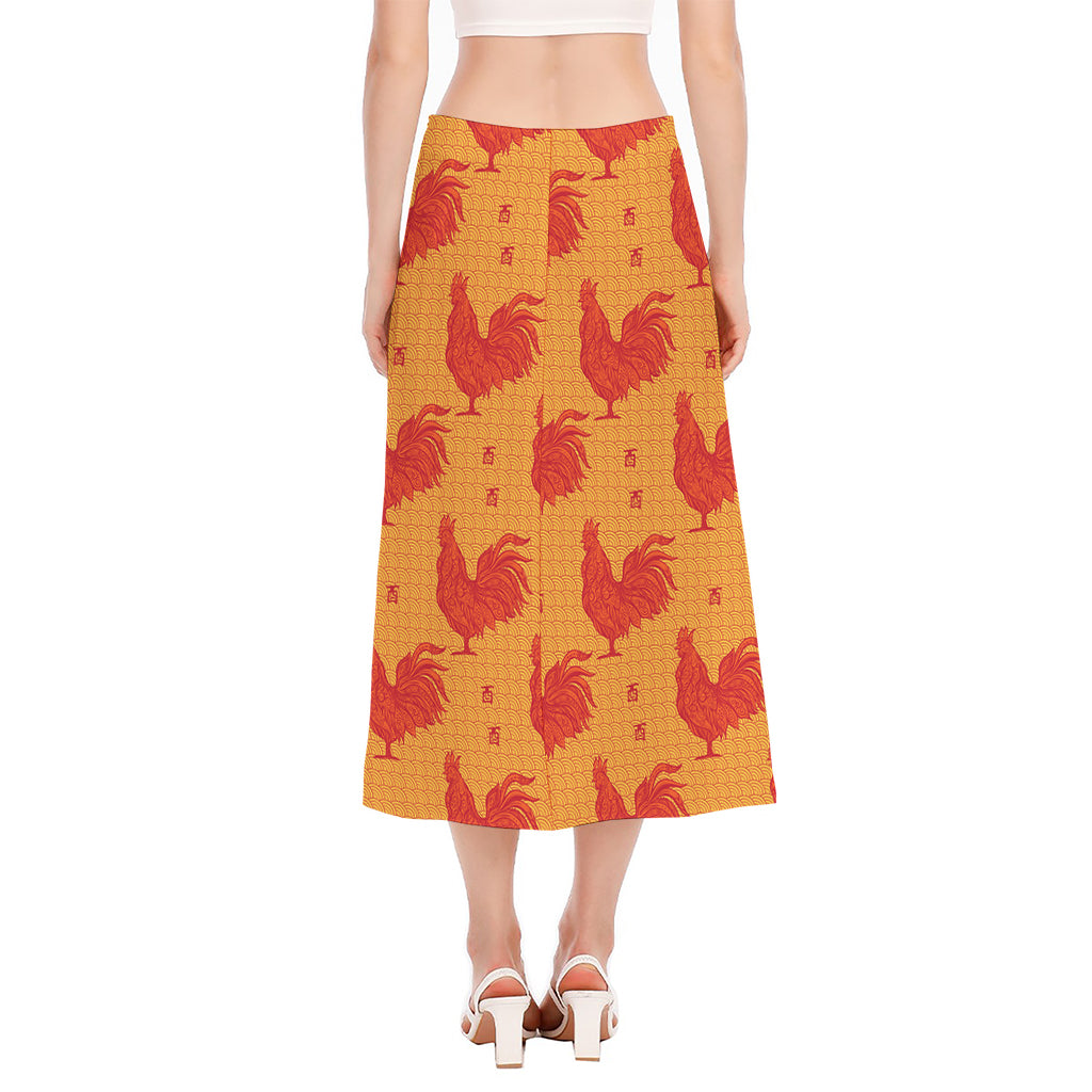 Chinese Rooster Pattern Print Side Slit Midi Skirt