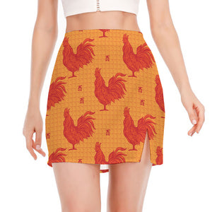 Chinese Rooster Pattern Print Side Slit Mini Skirt