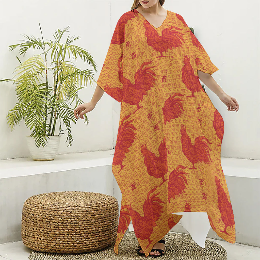 Chinese Rooster Pattern Print Silk V-Neck Kaftan Dress