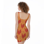 Chinese Rooster Pattern Print Sleeveless Bodycon Dress