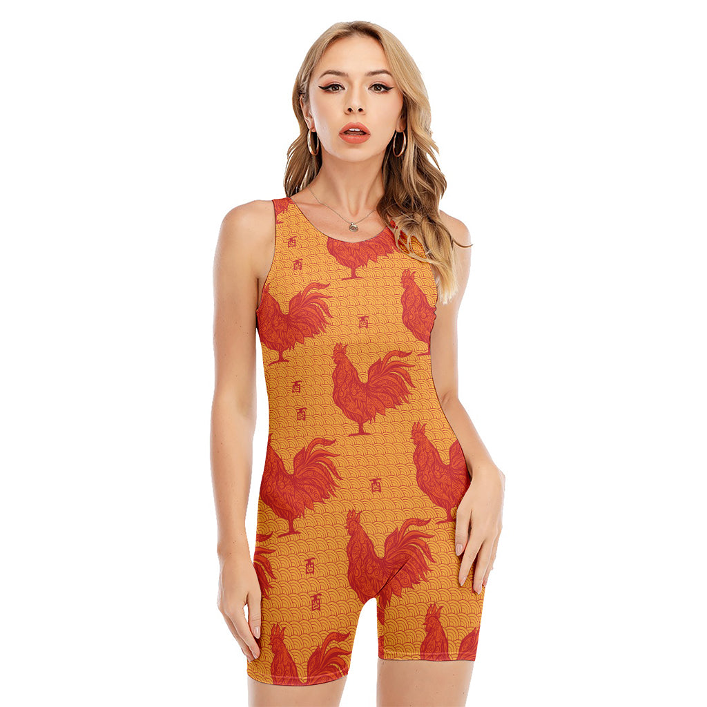 Chinese Rooster Pattern Print Sleeveless One Piece Swimsuit