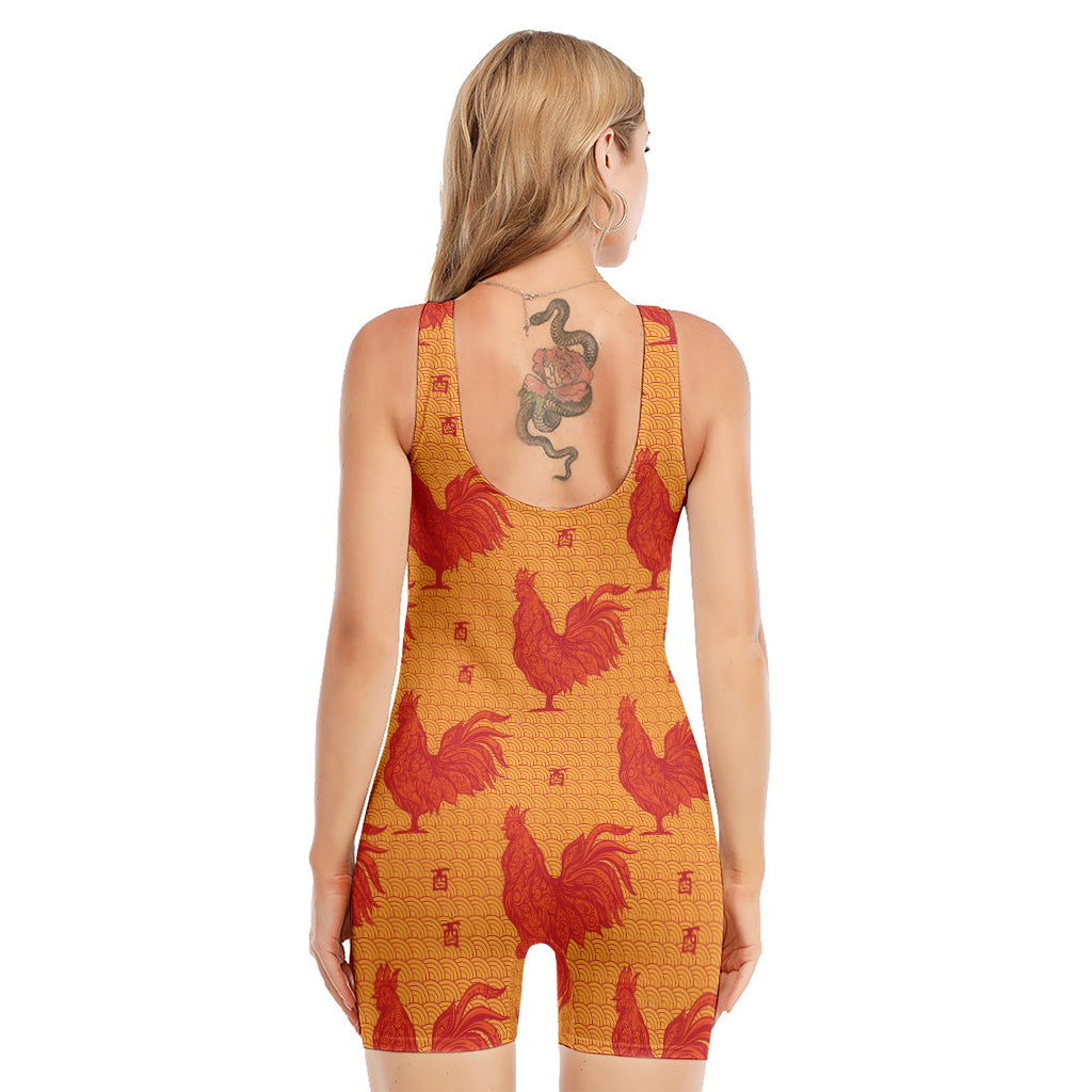 Chinese Rooster Pattern Print Sleeveless One Piece Swimsuit