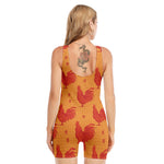 Chinese Rooster Pattern Print Sleeveless One Piece Swimsuit