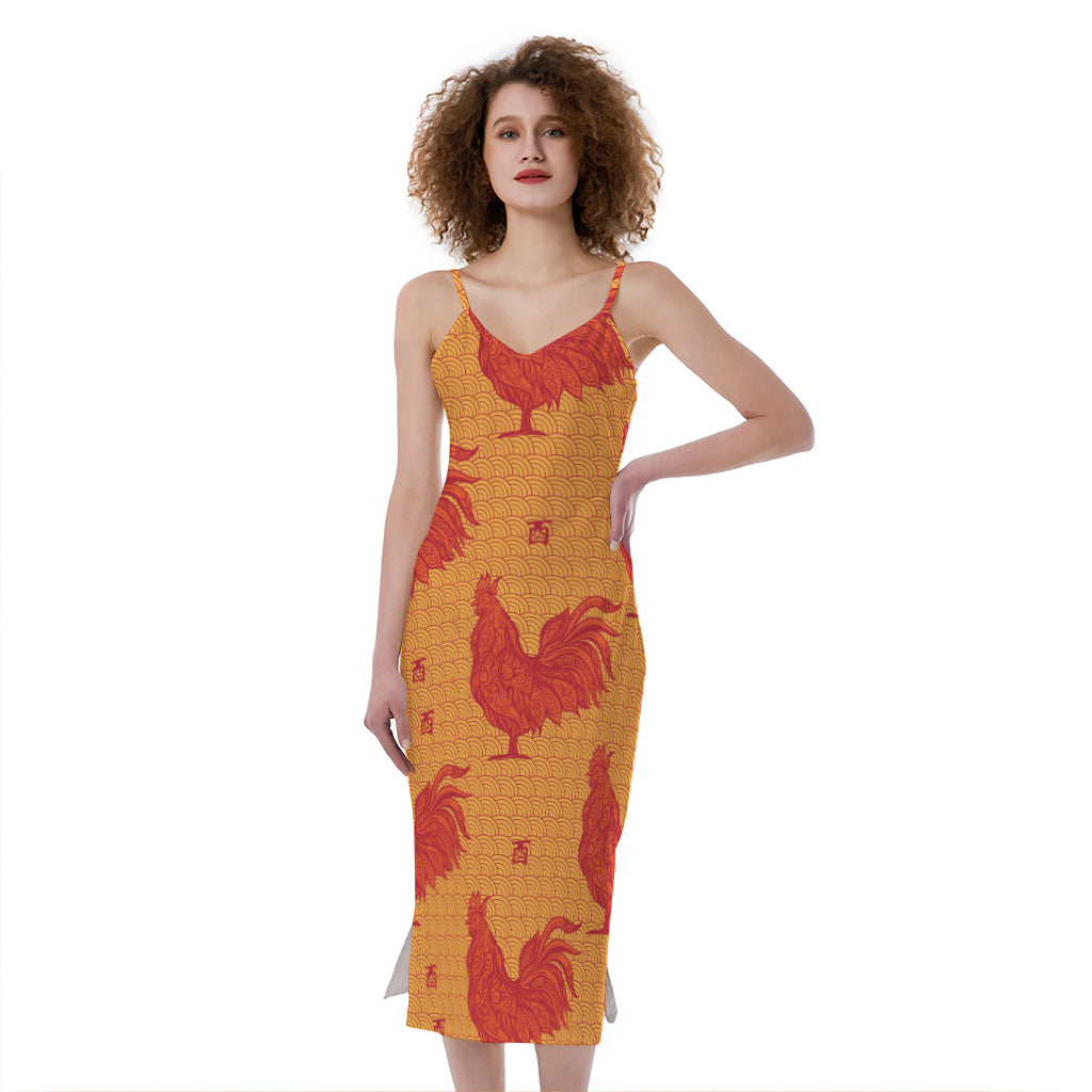 Chinese Rooster Pattern Print Slim Fit Midi Cami Dress