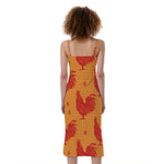 Chinese Rooster Pattern Print Slim Fit Midi Cami Dress