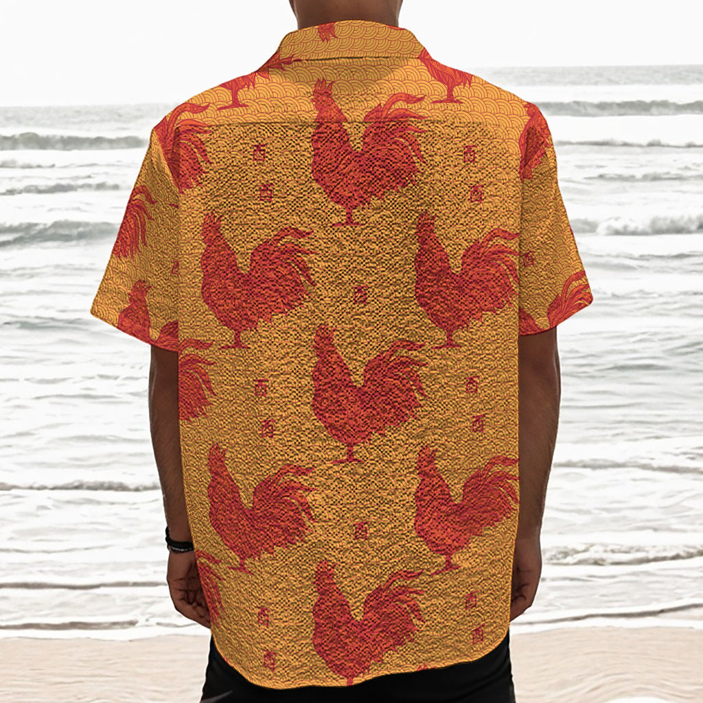 Chinese Rooster Pattern Print Textured Short Sleeve Shirt