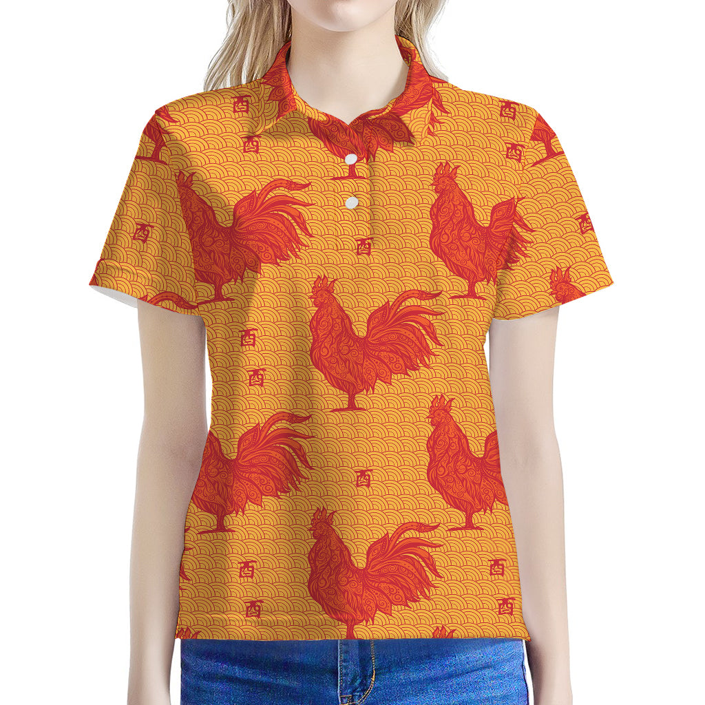 Chinese Rooster Pattern Print Women's Polo Shirt