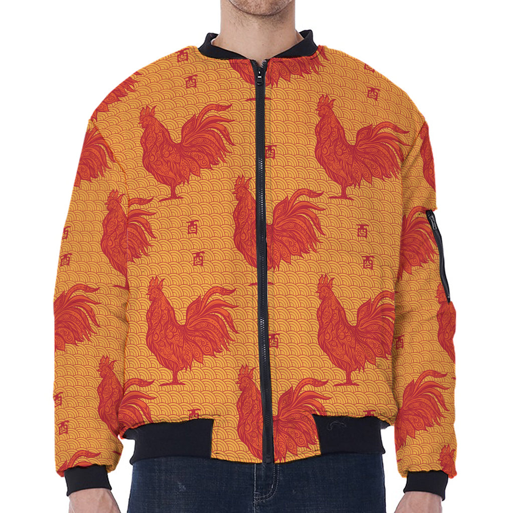 Chinese Rooster Pattern Print Zip Sleeve Bomber Jacket